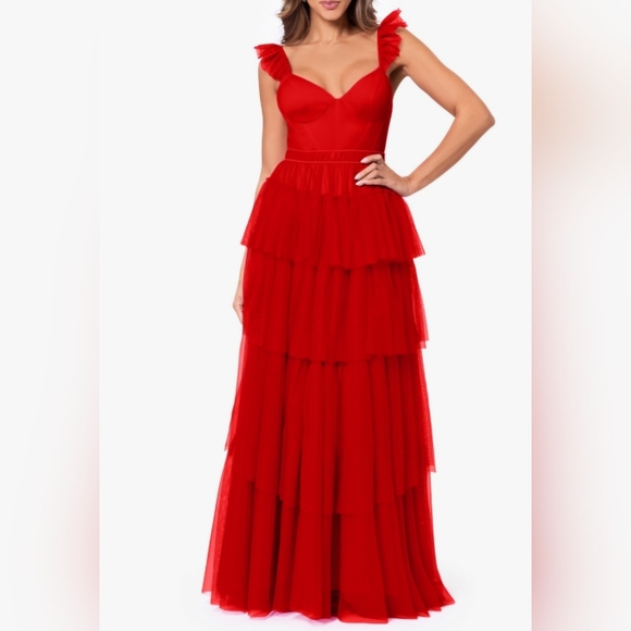 Blondie Nites Juniors' Sleeveless Tiered Mesh Gown - Red